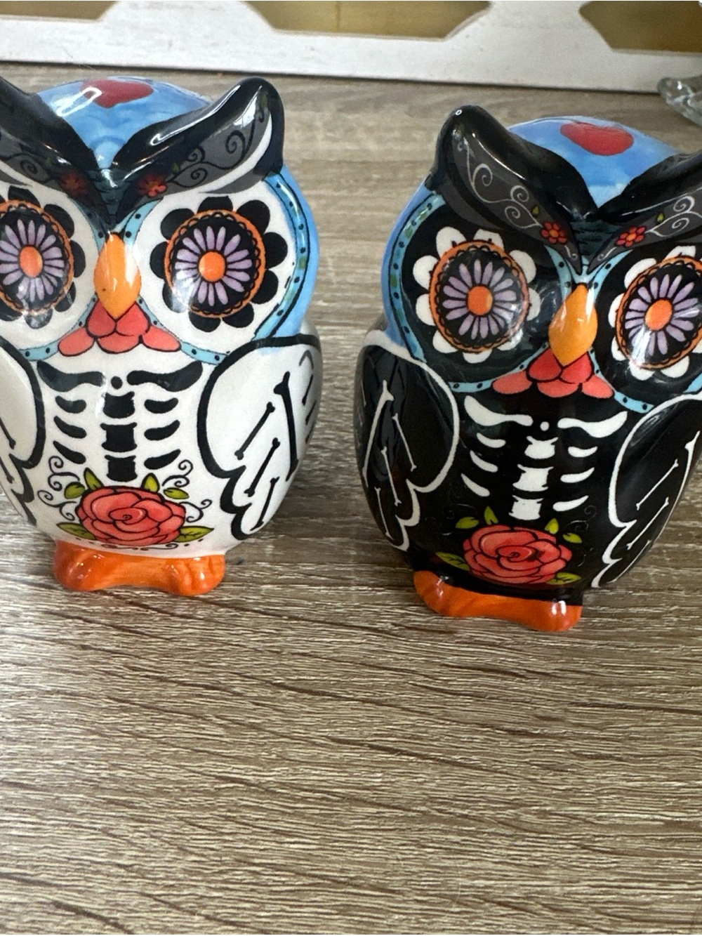 Source Unknown Day of the Dead Owl Salt and Pepper Shakers - Blue, Black, Orange